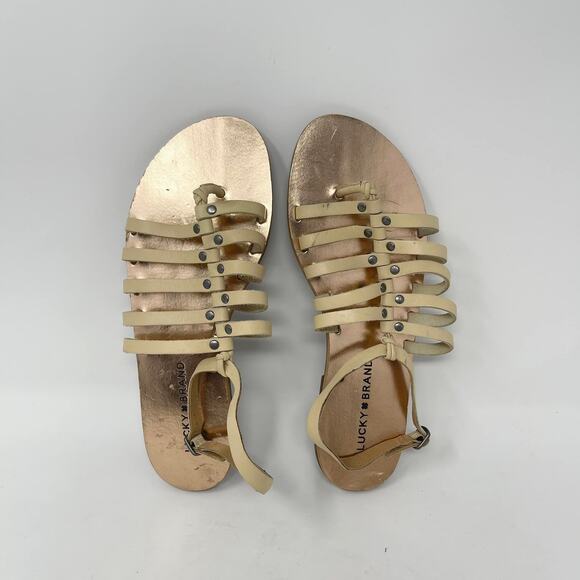 Lucky Brand Cymaa Tan Leather Strappy Gladiator Sandals with Rose‎ Gold Lining - Picture 1 of 7